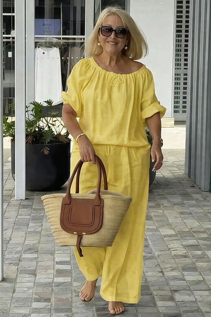 👑💃Conjunto de Verano 2026: Corte Relajado en Algodón y Lino 【Blusa de Cuello Redondo con Cordón + Pantalones】