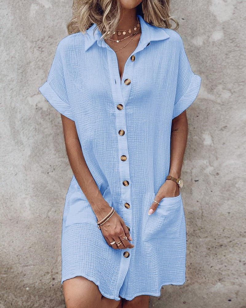 【S-2XL】2026 Vestido suelto de lino y algodón de manga corta y largo medio con botones
