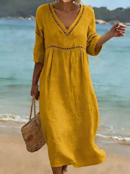 👗【S-3XL】Letnia modna bawełniano-lniana sukienka z dekoltem w serek, oddychająca, wygodna i wyszczuplająca