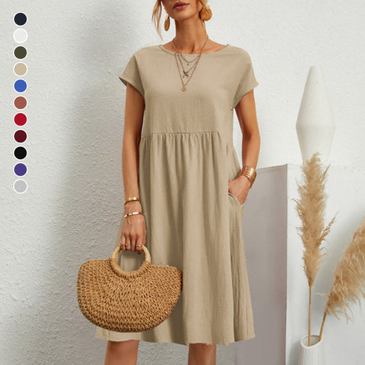 😍【Oferta de cambio de temporada】👗【S-5XL】Vestido de mujer 2026 de algodón y lino, con cuello redondo y corte cómodo