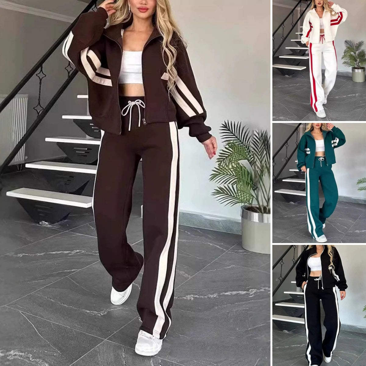 🔥🖤Kobiece loose kurtki z zamkiem i dodatkowymi spodniami, zestaw 2 sztuki🔥-4173922