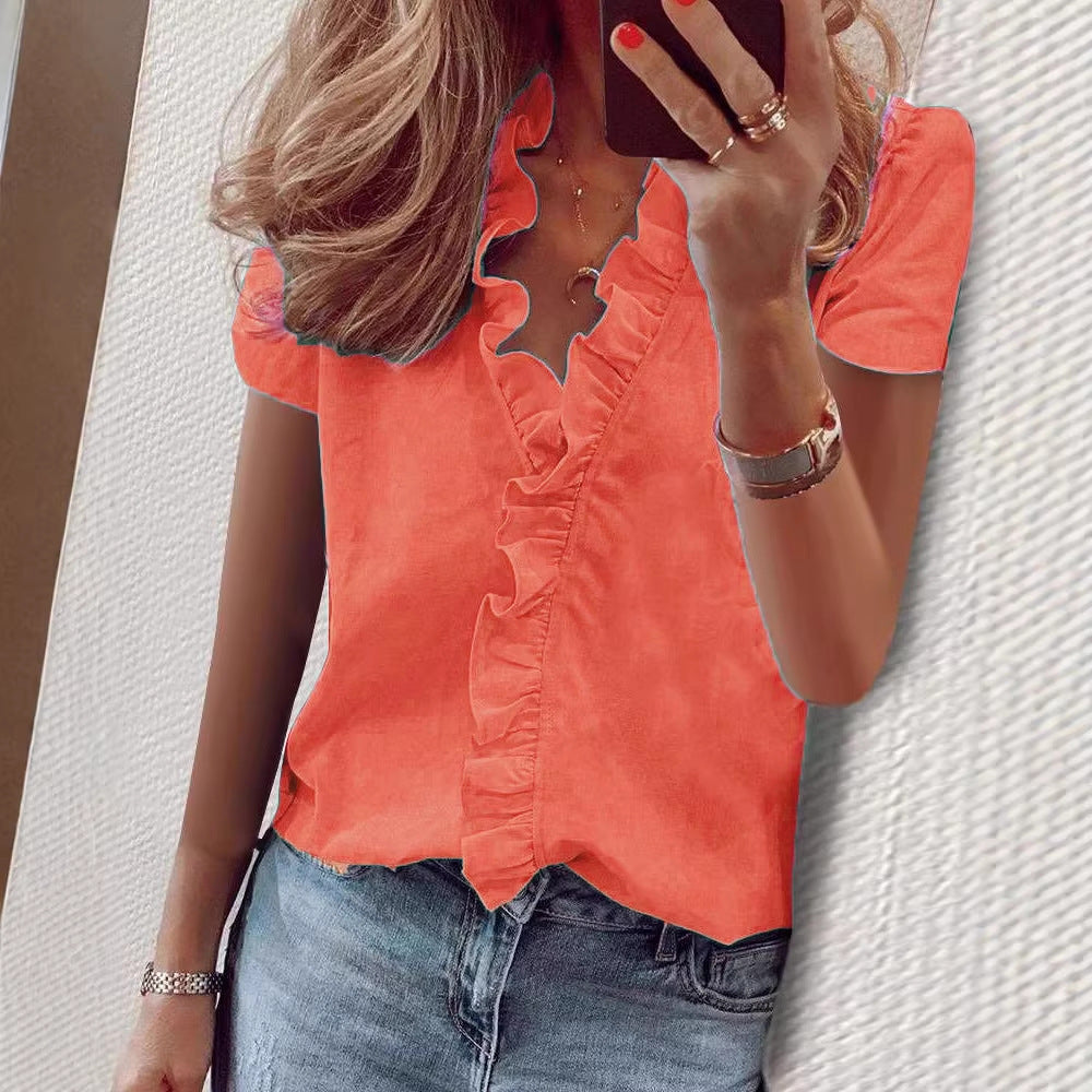 🔥Pago contra entrega✅️【S-5XL】Camiseta casual de manga corta para mujer, diseño con cuello en V y volantes