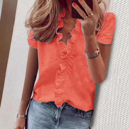 🔥Pago contra entrega✅️【S-5XL】Camiseta casual de manga corta para mujer, diseño con cuello en V y volantes