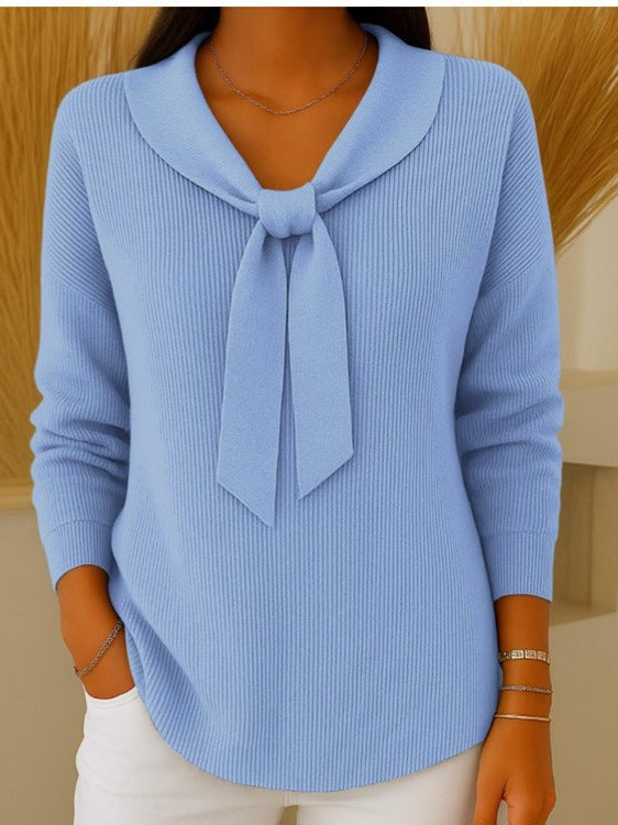 【S~5XL】Sweter damski w jednolitym kolorze z wiązaniem i długim rękawem, swobodny i luźny-4171262