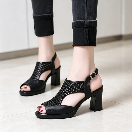 🔥【35-40】👡2026 Nuevas Sandalias de Verano, Tacón Plano, Punta Abierta, Suela Gruesa y Tacón Plano, Boca de Pez (Altura del Tacón 5/7 cm)