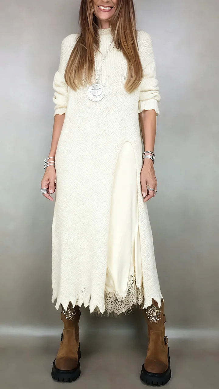 【XS-3XL】👗Nowy jesienny komplet koronkowy z rozcięciem i wzorem swetra-4163526
