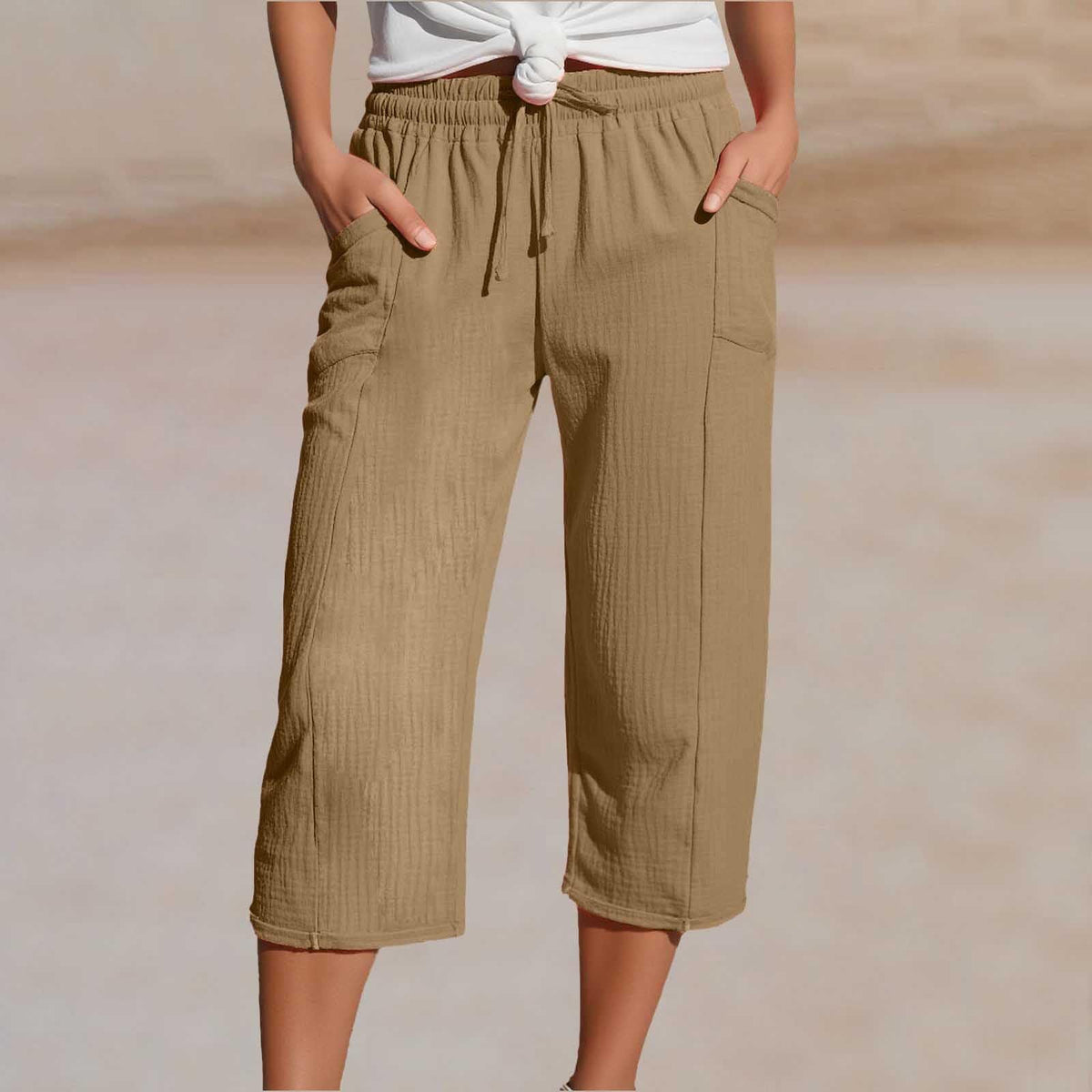 🌸【Compra 1 y llévate 1 gratis】Pantalones cropped plisados de color sólido para mujer, de algodón y lino
