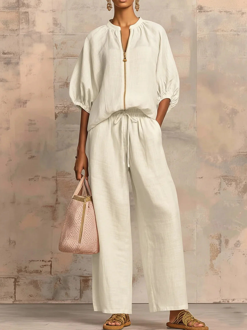 Maribel | Conjunto de lino con mangas murciélago y pantalón ancho