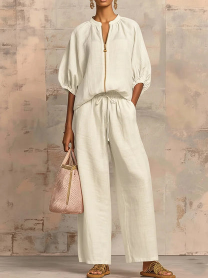 Maribel | Conjunto de lino con mangas murciélago y pantalón ancho