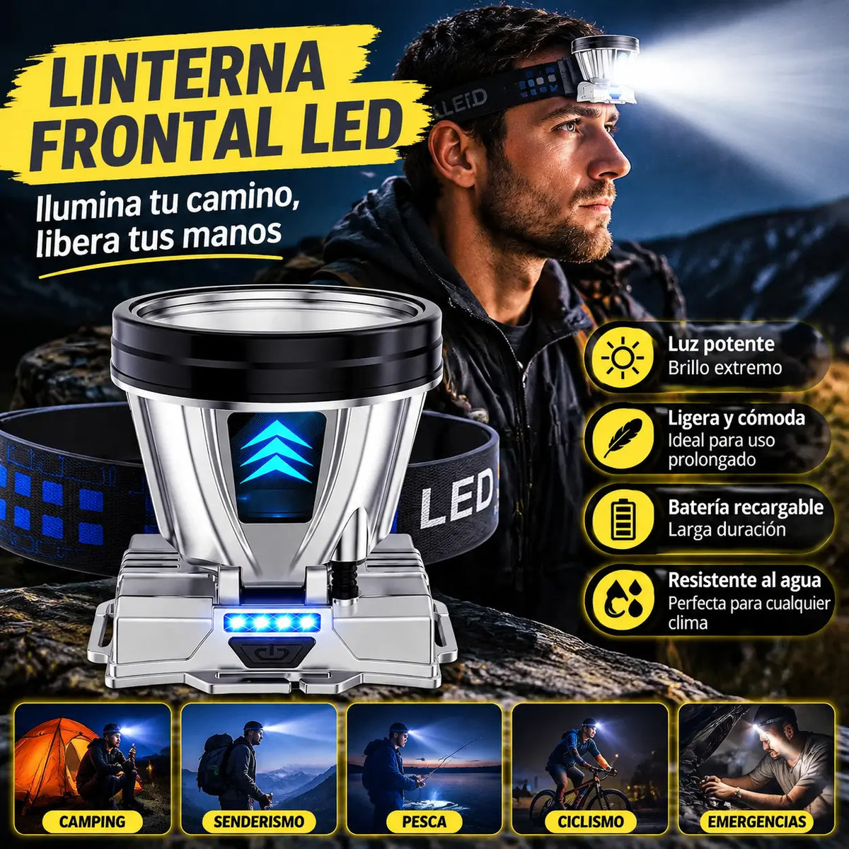🔥Linterna frontal recargable de alta potencia súper brillante