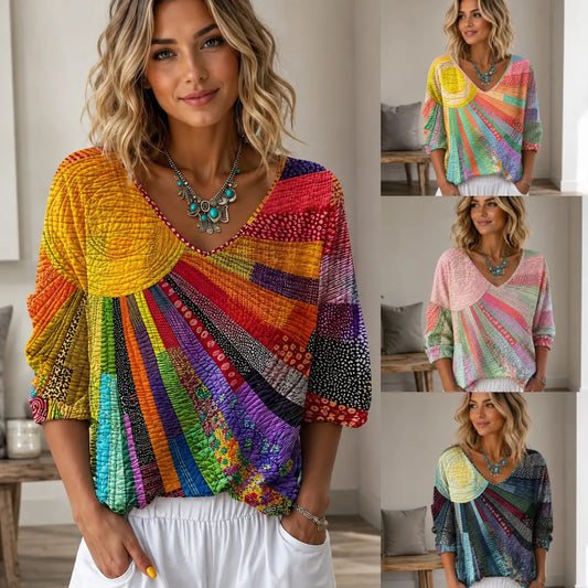 ⏰【S-3XL】 Camiseta de manga tres cuartos con cuello en V, estampado floral retro y estampado artístico degradado.
