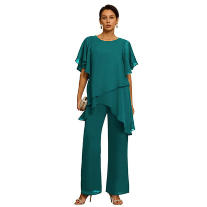 【Oferta por tiempo limitado】Elegante Conjunto de Chifón: Top Asimétrico με Volantes y Pantalón Ancho – Look Sofisticado para Eventos