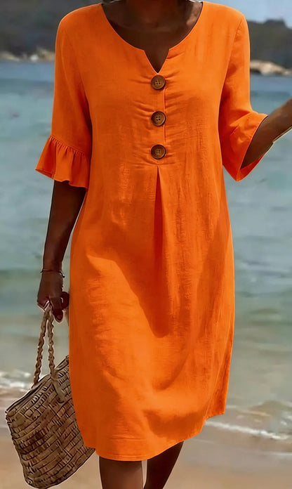 ✨【S-3XL】Vestido de mujer de algodón y lino con mangas abullonadas y botones