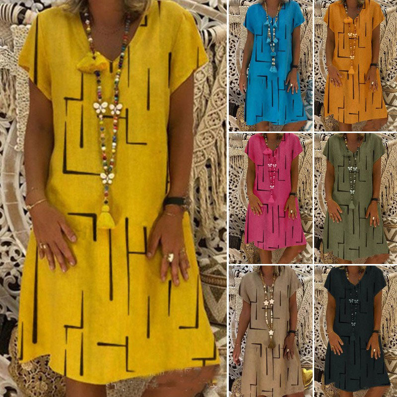 【50% OFF】 【🚚 Envío Gratis y Pago Contra Reembolso】 👗 【S-5XL】 Vestido de algodón estampado con cuello en V