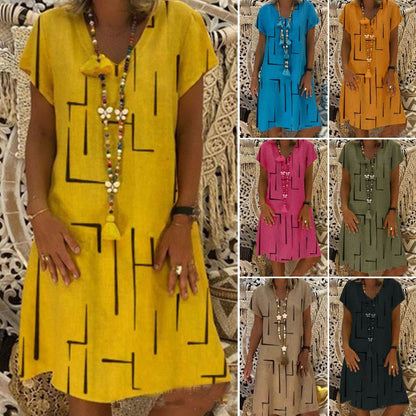 【50% OFF】 【🚚 Envío Gratis y Pago Contra Reembolso】 👗 【S-5XL】 Vestido de algodón estampado con cuello en V