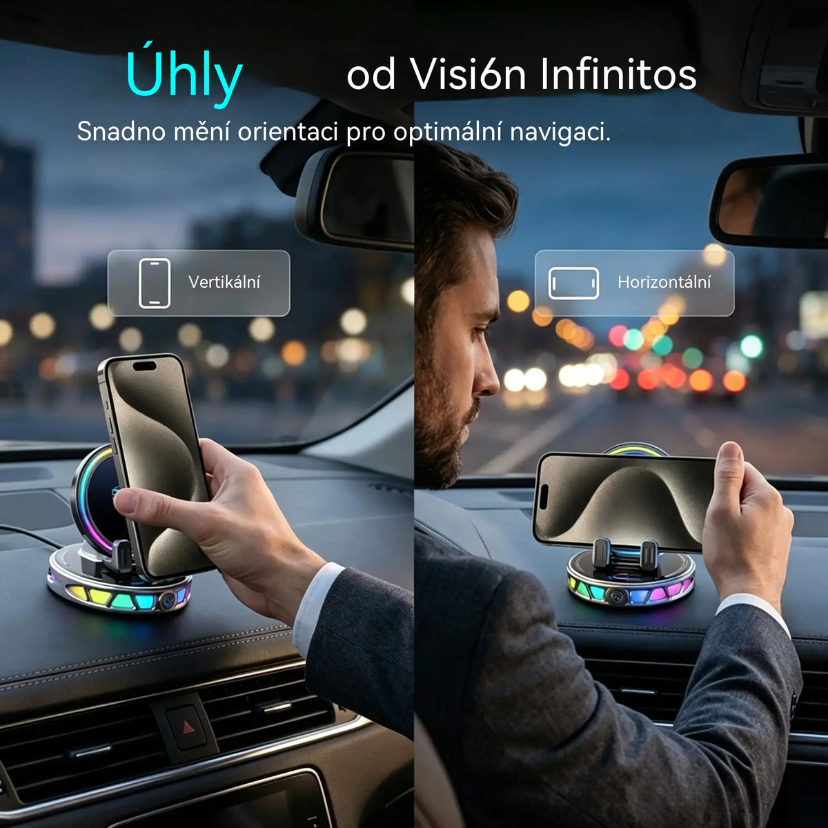 📱 Držák do auta RGB s automatickým uchycením a bezdrátovým nabíjením 15 W