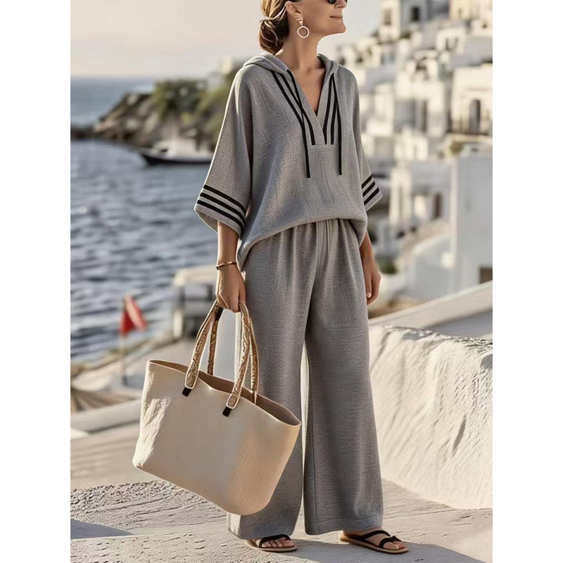 👚👖【S-5XL】【Μπλούζα + Παντελόνι】Νέο casual σετ δύο τεμαχίων: τοπ με κουκούλα και μανίκια τριών τετάρτων + παντελόνι με φαρδιά γραμμή✨【40-120kg】