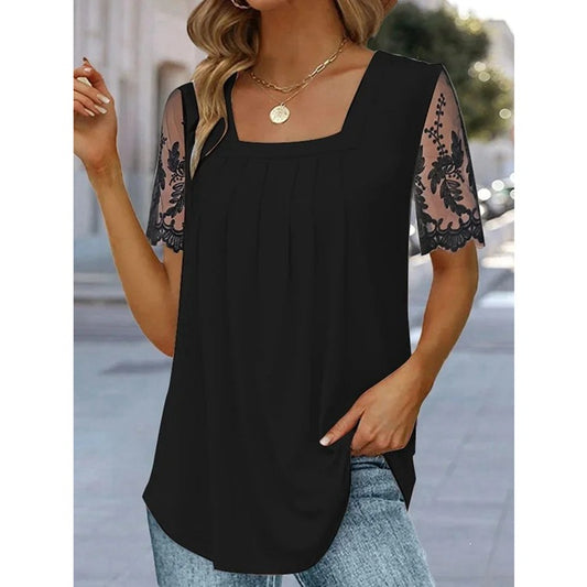 🔥🔥【Oferta de hoy al 50%】🎉【S-5XL】Blusa femenina de encaje 2026 de manga corta, tejido tipo seda, suave al tacto, agradable para la piel y no irrita.