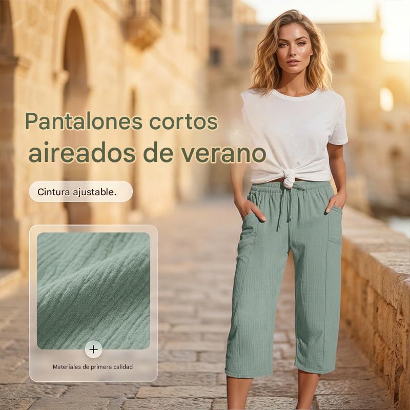 🌸【Compra 1 y llévate 1 gratis】Pantalones cropped plisados de color sólido para mujer, de algodón y lino