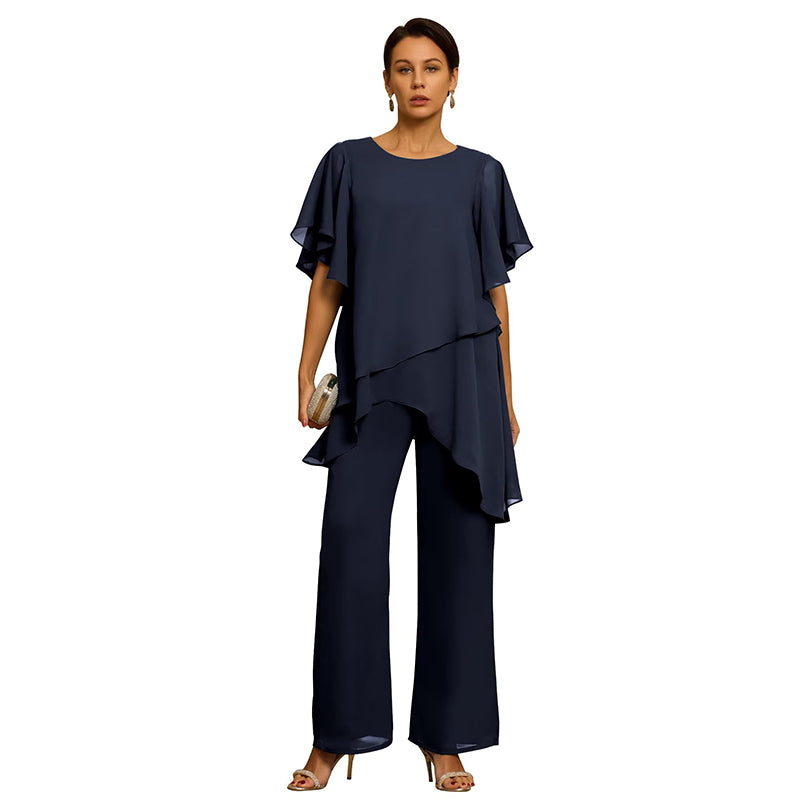 【Oferta por tiempo limitado】Elegante Conjunto de Chifón: Top Asimétrico με Volantes y Pantalón Ancho – Look Sofisticado para Eventos