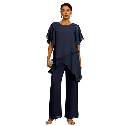 【Oferta por tiempo limitado】Elegante Conjunto de Chifón: Top Asimétrico με Volantes y Pantalón Ancho – Look Sofisticado para Eventos