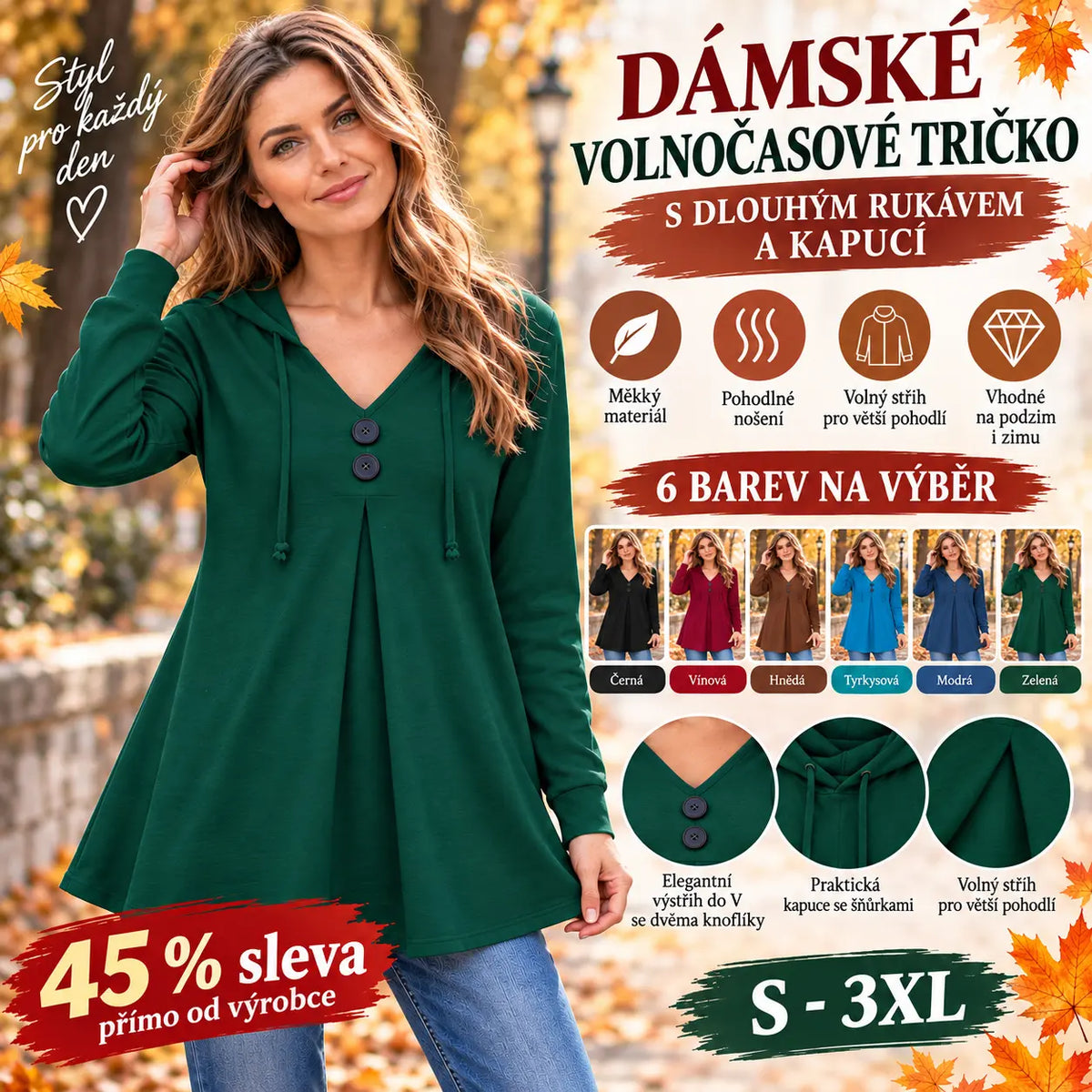 💕【45 % sleva přímo od výrobce】Nové dámské volnočasové tričko s dlouhým rukávem, výstřihem do V a kapucí, model 2026