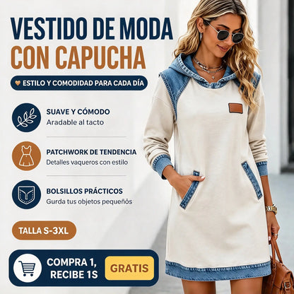 🔥【50 % de descuento】🌷🌞Novedad de invierno: Vestido de mezclilla con capucha y diseño de parches (estilo tendencia)