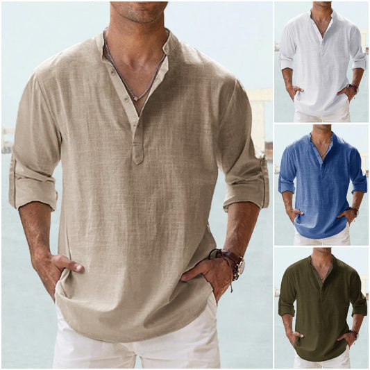 👕🤩【S-5XL】Pánské tričko s dlouhým rukávem, materiál bavlna a lněný materiál_4071392