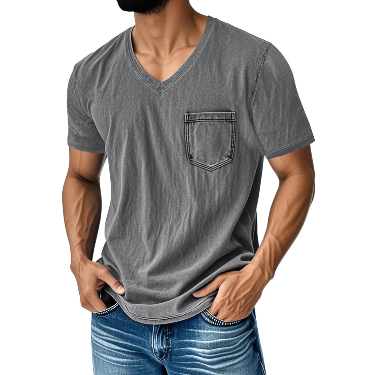 👔 Έκπτωση 50%🔥【40-120 kg】Ανεπίσημο, φαρδύ τζιν μπλουζάκι με V λαιμόκοψη και κοντά μανίκια για άνδρες ✅️Πληρωμή κατά την παράδοση ✅️2 προϊόντα με έκπτωση 70%