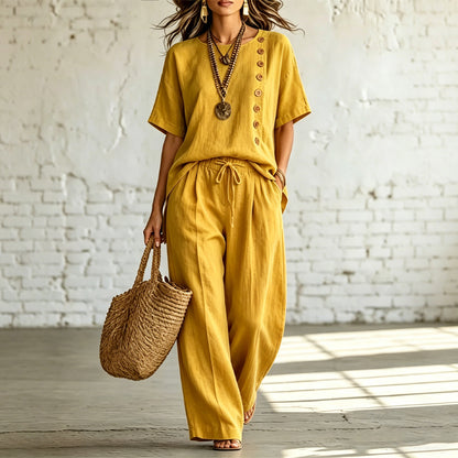 🎨 【Conjunto de camiseta y pantalón de pierna ancha】Conjunto casual moderno hecho de algodón y lino, cómodo y transpirable.