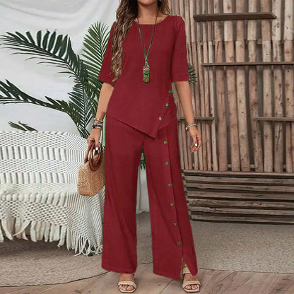 💐【S-5XL】Nuevo conjunto de dos piezas para mujer, bajo irregular, pantalón informal abotonado, corte holgado