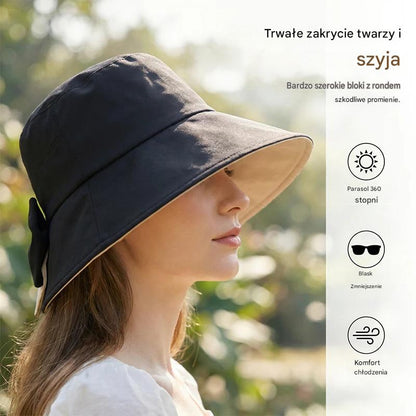 👒 50% ZNIŻKI PRZEZ OGRANICZONY CZAS! ✨ Damski kapelusz przeciwsłoneczny z szerokim rondem i kokardą – składany, zapewniający ochronę 360° 🎀