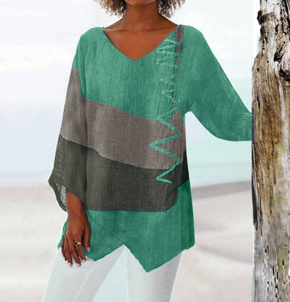 ⭐⏳ Poslední den – 50 % sleva 😍【S–5XL】Elegantní dámský ležérní top: výstřih do V, dlouhé rukávy, umělecký vzor
