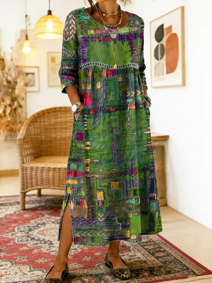 Manuela | Vestido Maxi Bohemio con Estampado de Patchwork Étnico